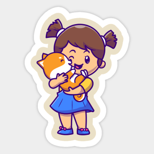 Cute Girl Hug Shiba Inu Dog Cartoon Sticker